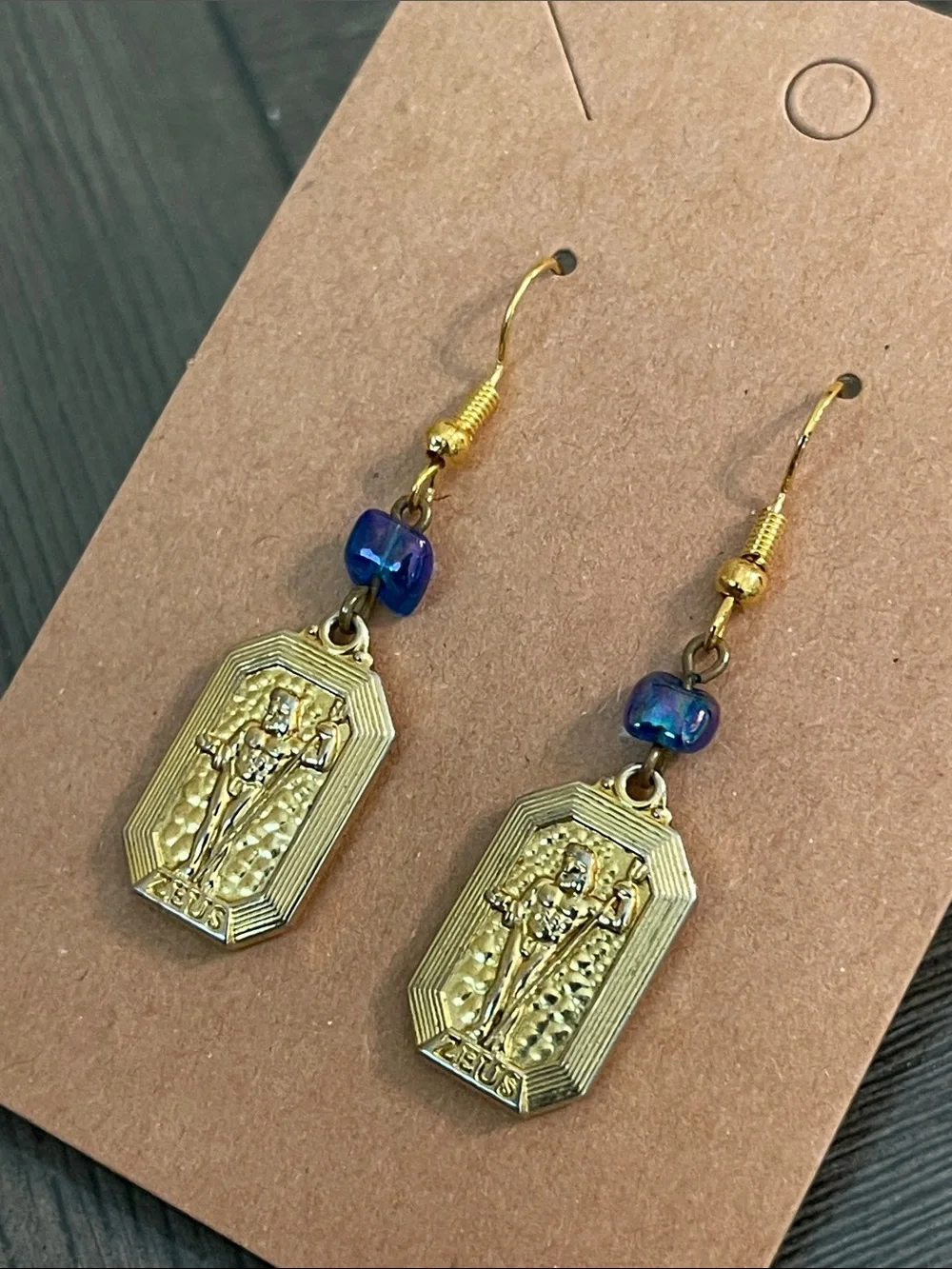 Vintage Gold-tone Rectangular Zeus Medallion Dangle Earrings